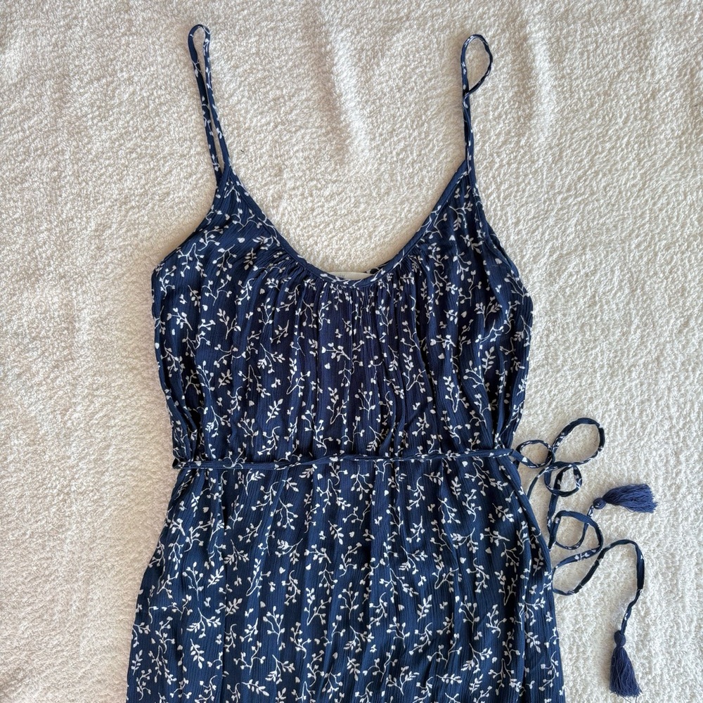 H&M Navy Floral Dress with Belt Tassel and Spaghetti Straps